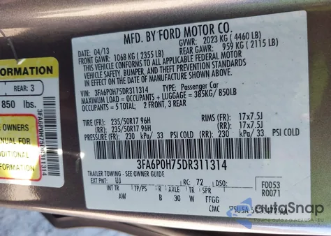 2013 Ford Fusion Se z USA, uszkodzony, nr VIN 3FA6P0H75DR311314